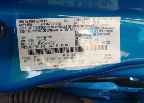 2014 Ford Focus Se z USA, uszkodzony, nr VIN 1FADP3F21EL320690